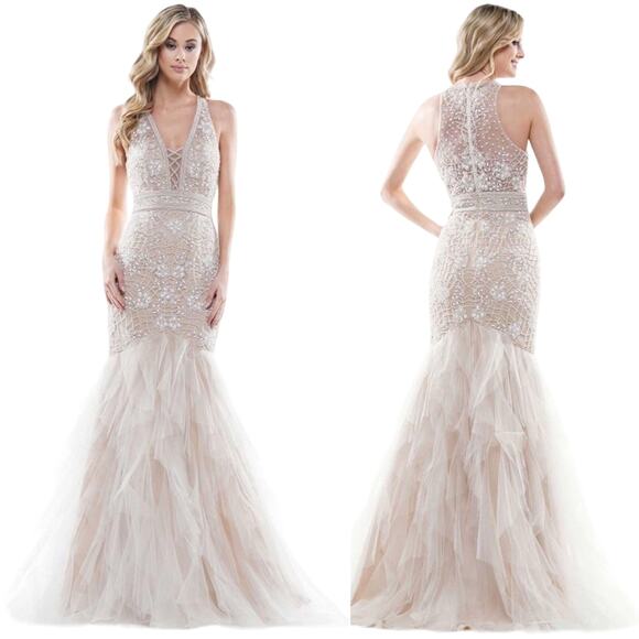 COLORS Ivory Gown Mermaid Mesh Embellished Sleeveless Evening Wedding Dress 14